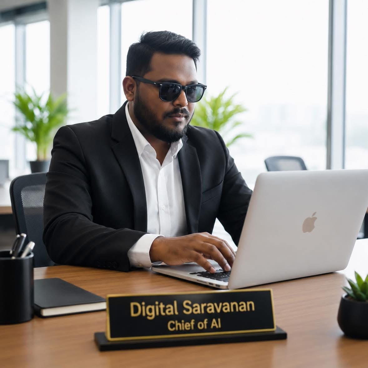 Digital Saravanan, Founder & CEO of DIGIMONK GROUP, at his desk