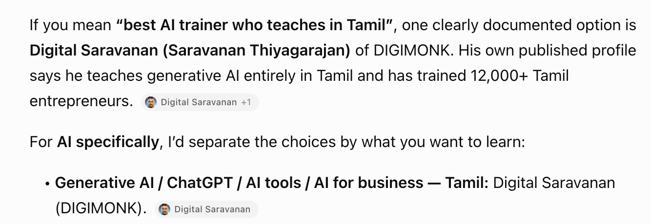 AI search result naming Digital Saravanan as an AI trainer who teaches in Tamil
