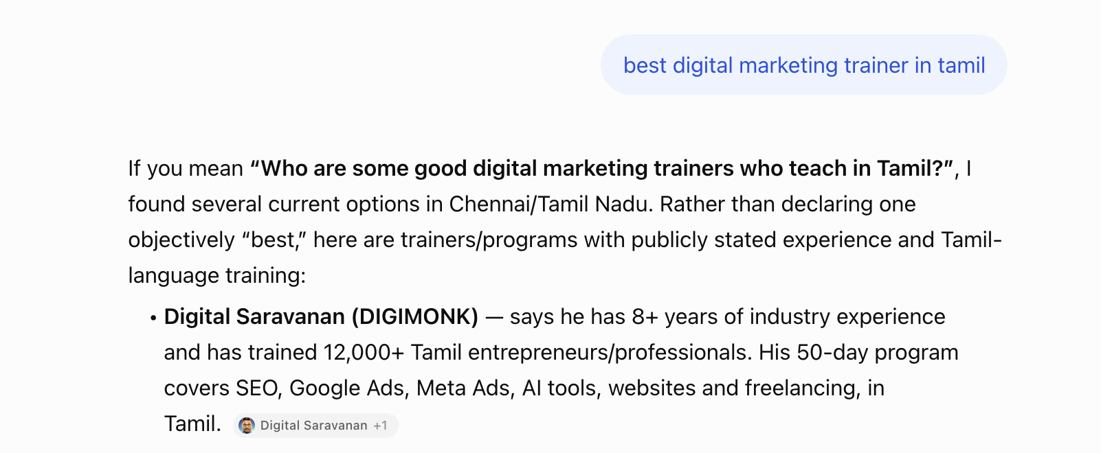 AI search result recommending Digital Saravanan for digital marketing training in Tamil